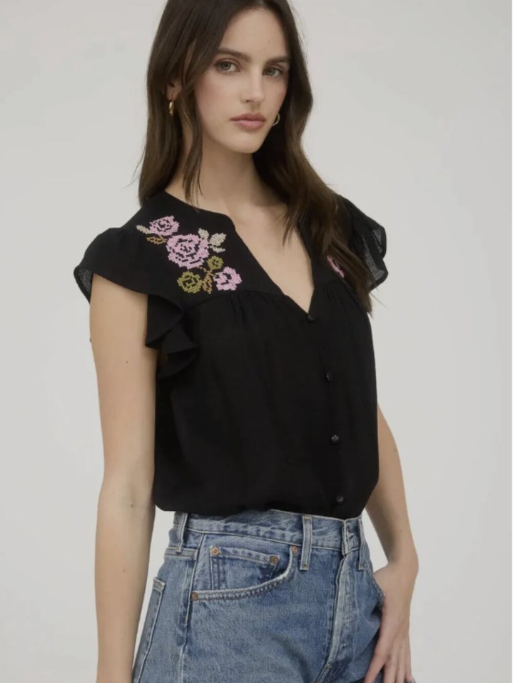 Mine Black with Pink Floral Embroidery V Neck Blouse